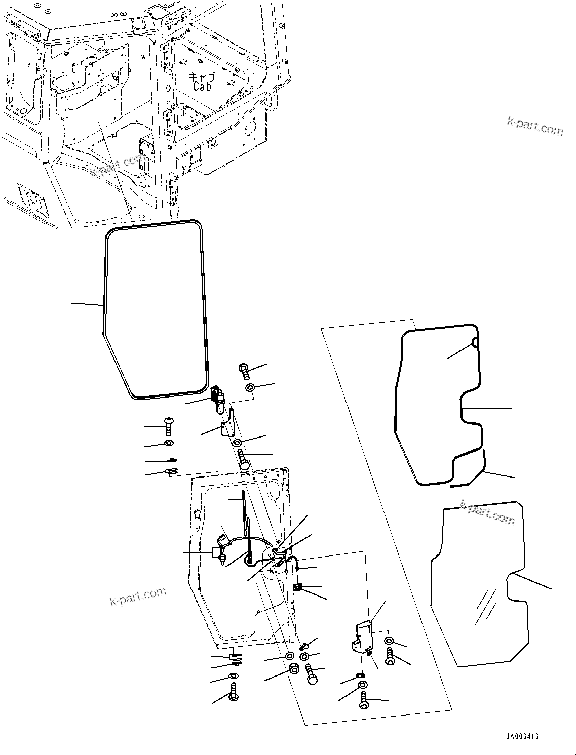 Komatsu parts book diagram for D85PX-18E0 S/N 26001-UP: CAB, DOOR DAMPER, WINDOW AND WIPER, L.H.(#25153-)