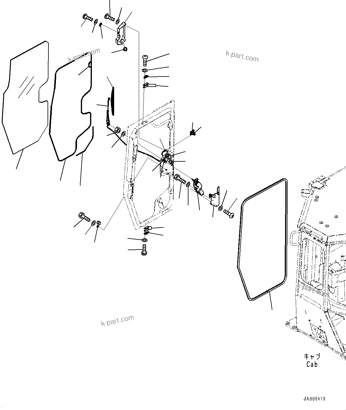 Komatsu parts book diagram for D85PX-18E0 S/N 26001-UP: CAB, DOOR DAMPER, WINDOW AND WIPER, R.H.(#25153-)