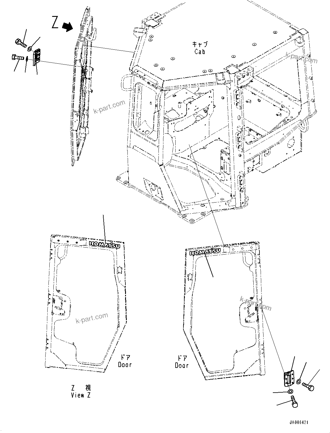Komatsu parts book diagram for D85PX-18E0 S/N 26001-UP: CAB, DOOR HINGE(#25153-)