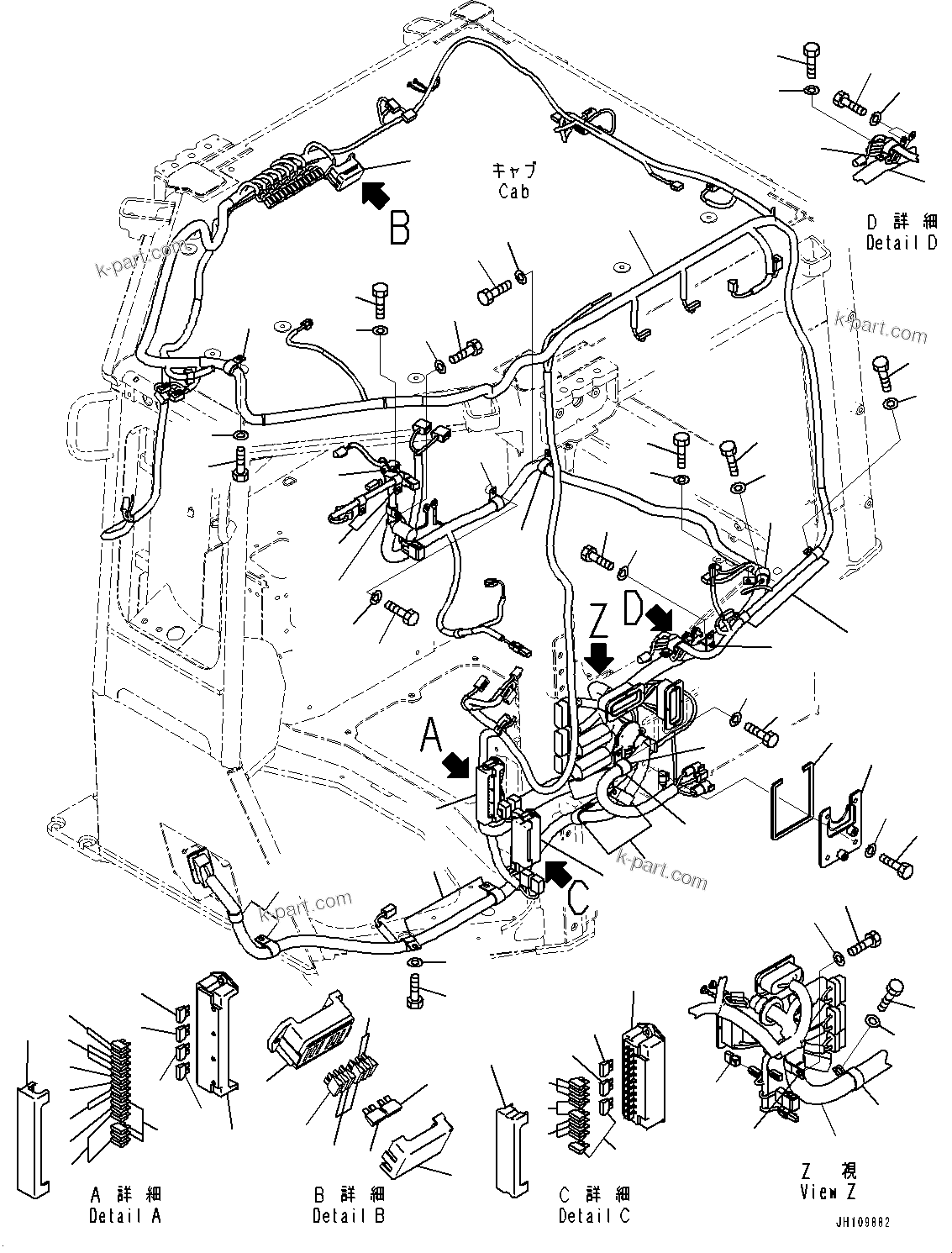 Komatsu parts book diagram for D85PX-18E0 S/N 26001-UP: CAB, FLOOR, WIRING HARNESS(#25153-)