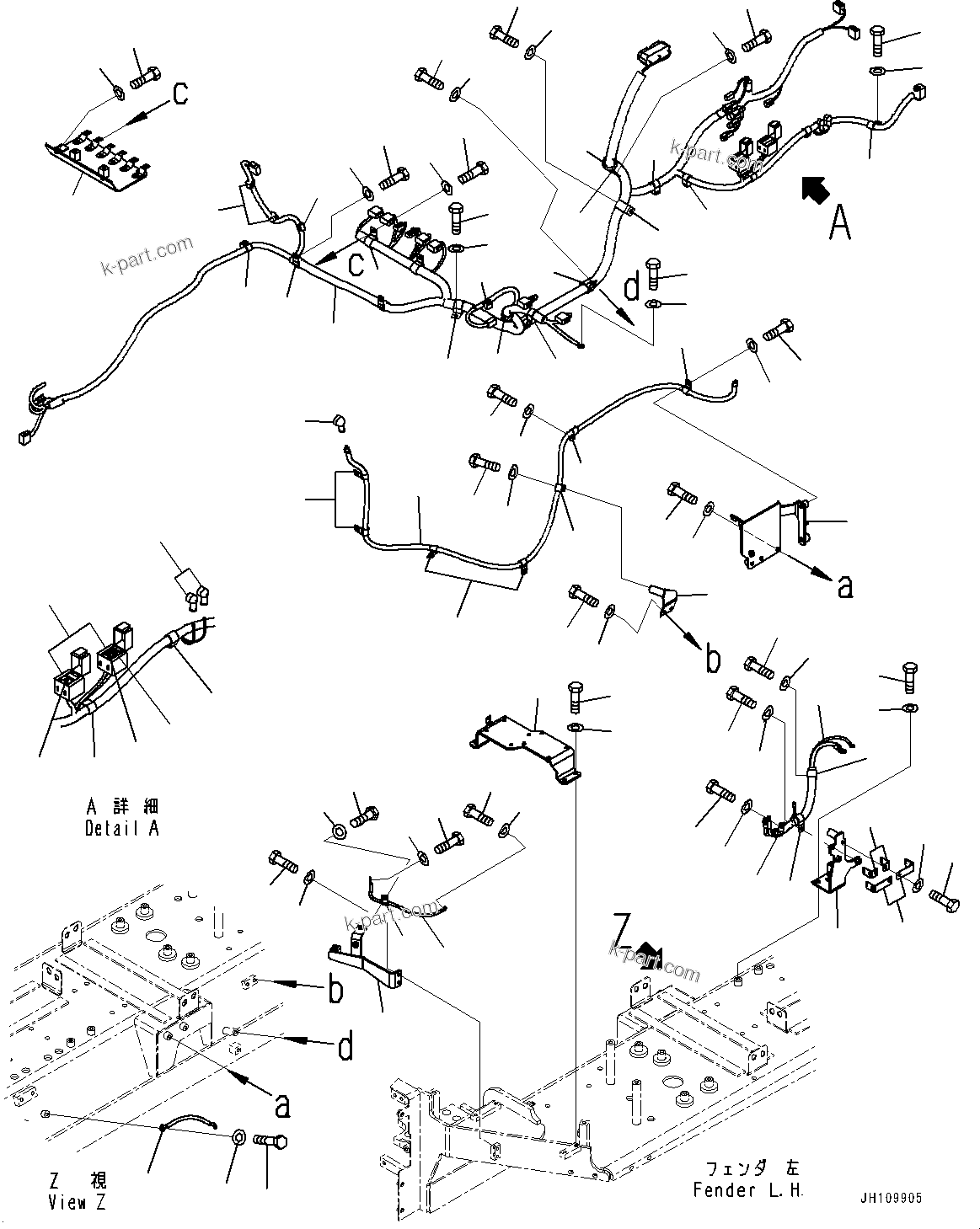 Komatsu parts book diagram for D85PX-18E0 S/N 26001-UP: FENDER, WIRING HARNESS (1/2)(#25001-)