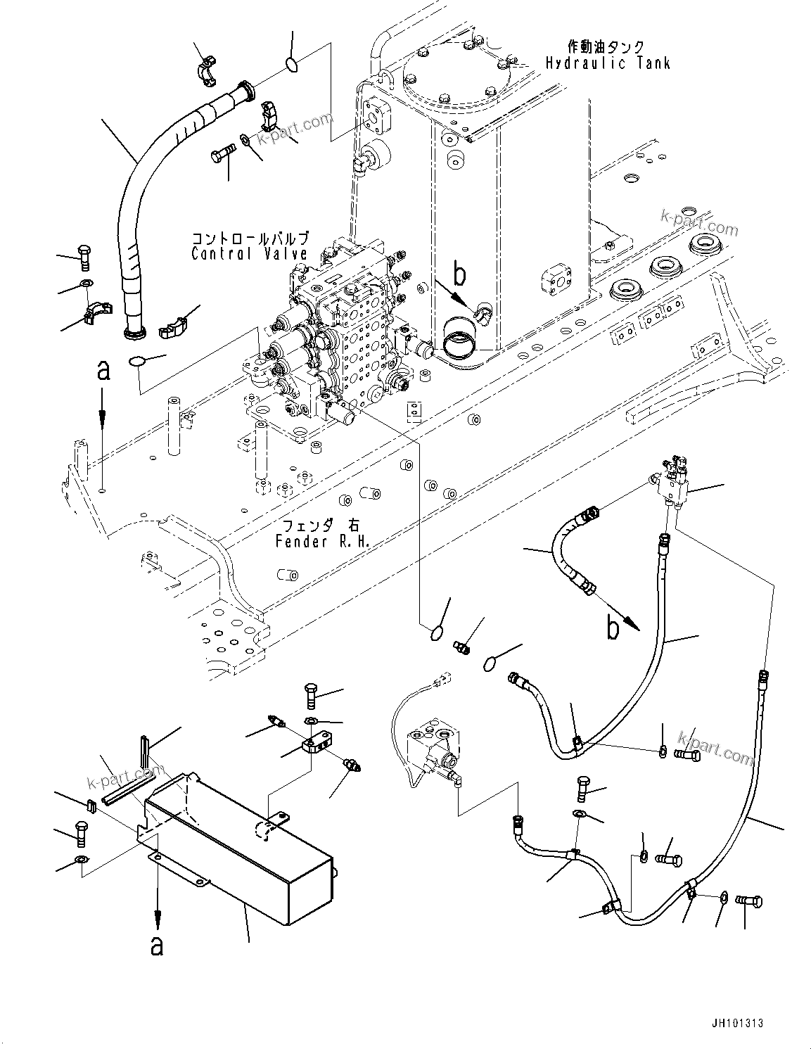 Komatsu parts book diagram for D85PX-18E0 S/N 26001-UP: FENDER, HYDRAULIC TANK PIPING(#25001-)