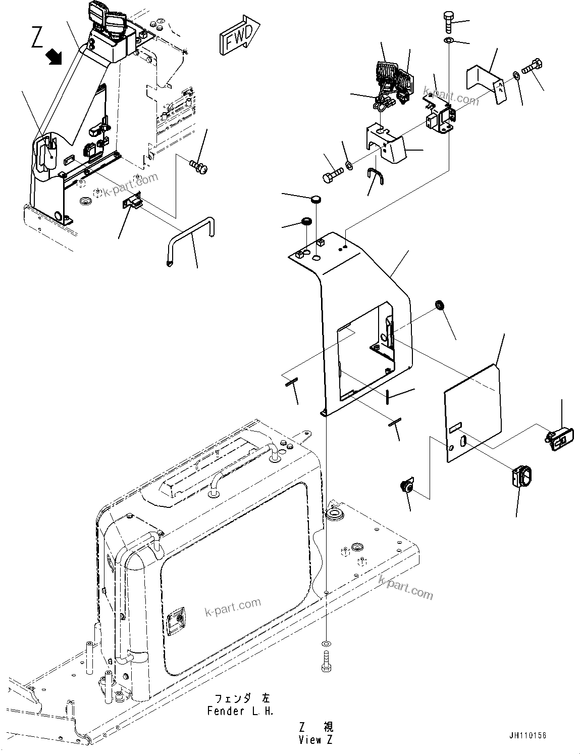 Komatsu parts book diagram for D85PX-18E0 S/N 26001-UP: FENDER RELATED PARTS, WORKING LAMP(#25001-)