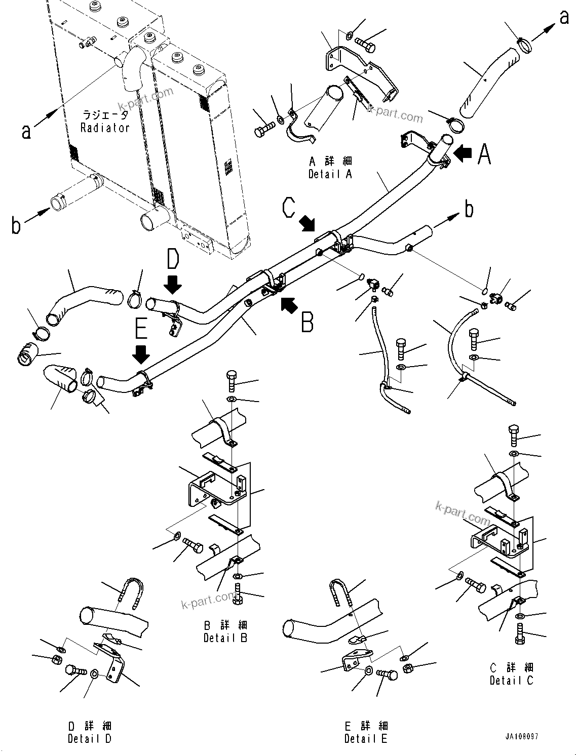 Komatsu parts book diagram for D71PXI-24 S/N 74001-UP: COOLING PIPING, RADIATOR PIPING (1/2)(#70002-)