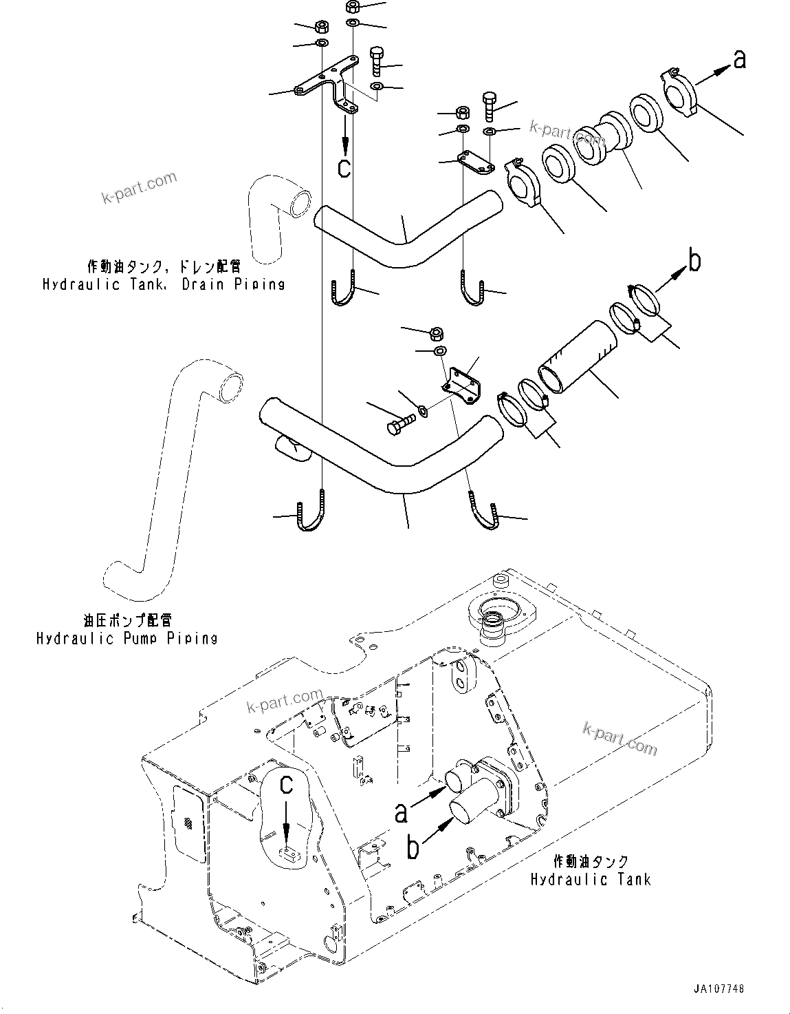 Komatsu parts book diagram for D71PXI-24 S/N 74001-UP: HYDRAULIC TANK, DRAIN PIPING AND SUCTION PIPING(#70002-)