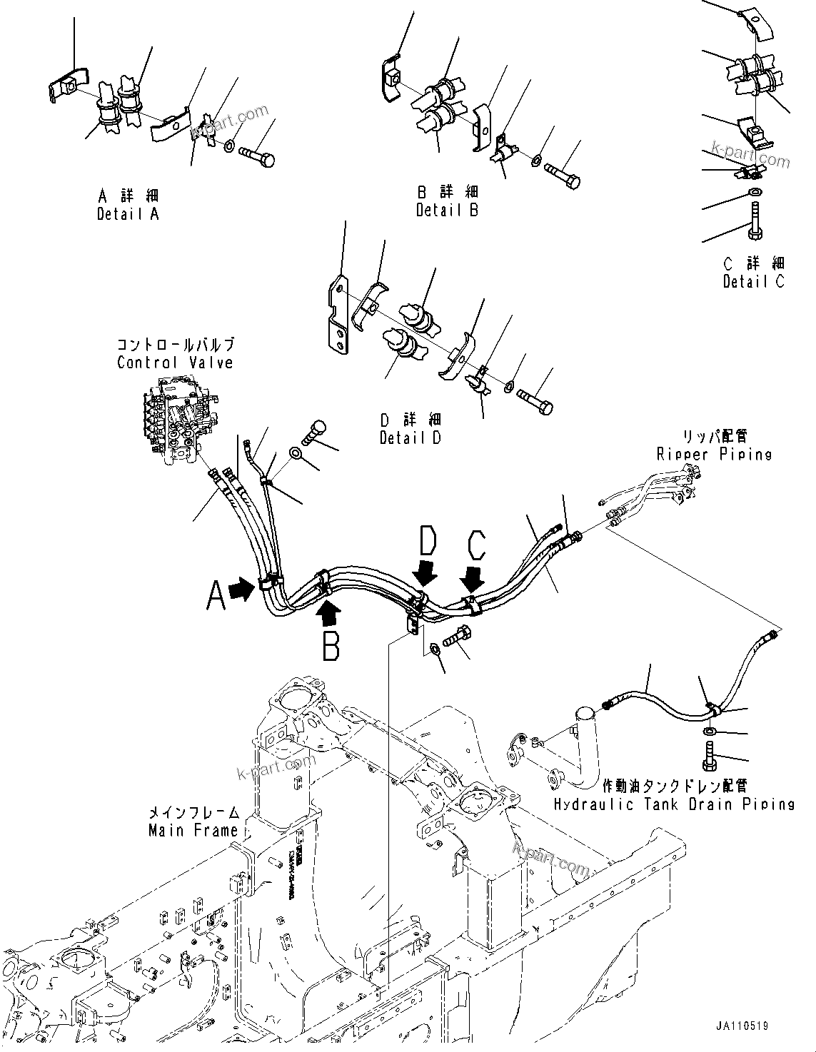 Komatsu parts book diagram for D71PXI-24 S/N 74001-UP: REAR HYDRAULIC PIPING, (#70002-)