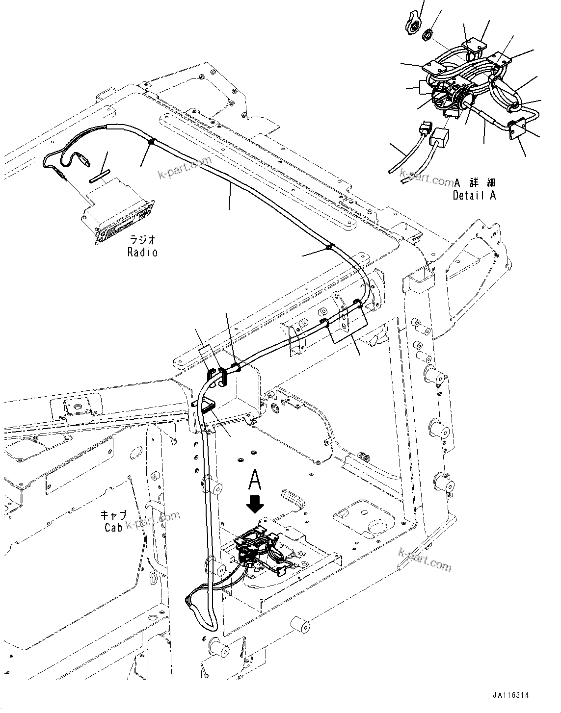 Komatsu parts book diagram for D71PXI-24 S/N 74001-UP: CAB, AUX CABLE(#72161-)