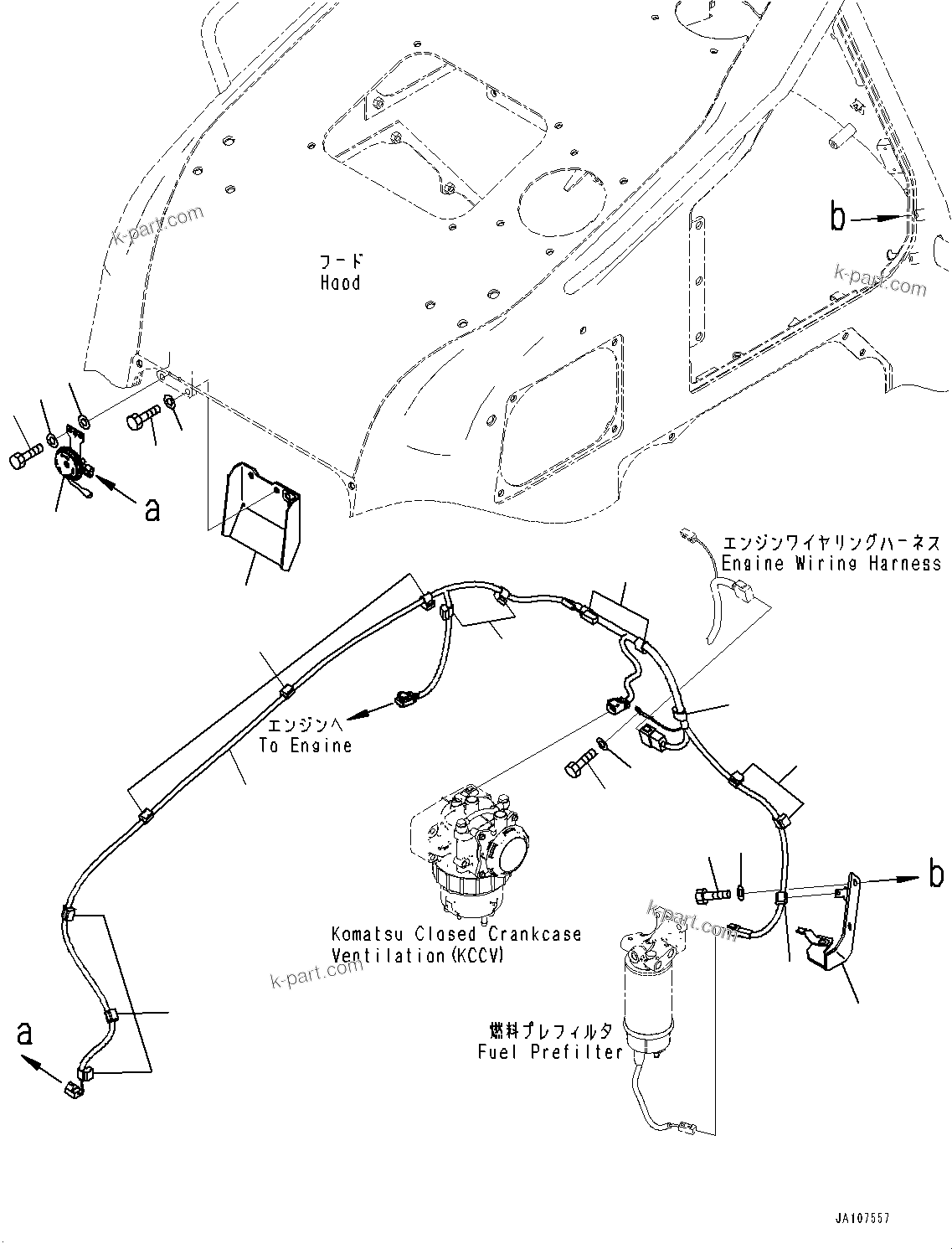 Komatsu parts book diagram for D71PXI-24 S/N 74001-UP: ENGINE HOOD, WIRING HARNESS(#70002-)