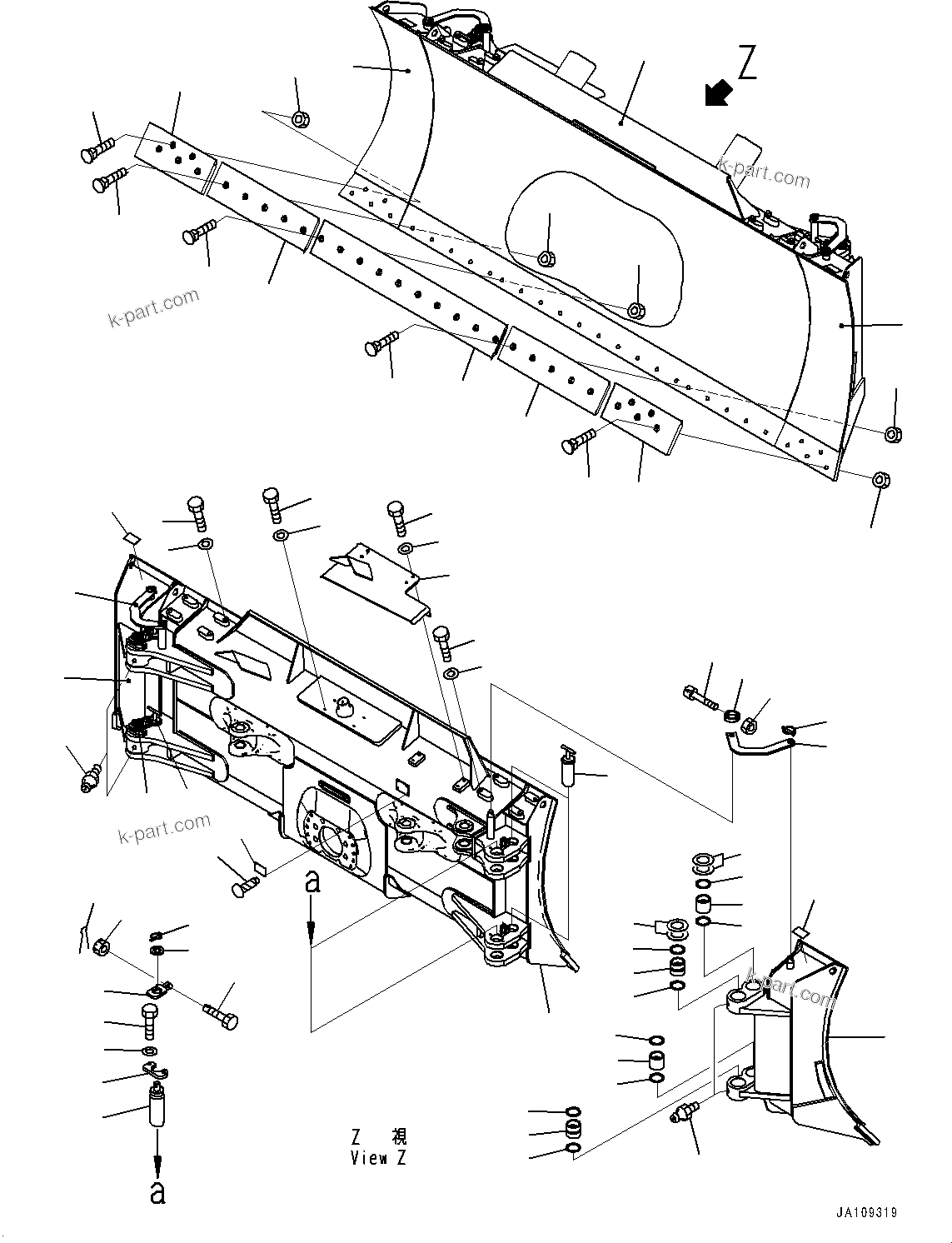 Komatsu parts book diagram for D71PXI-24 S/N 74001-UP: DOZER BLADE, (3000MM, POWER ANGLE POWER TILT BLADE)(#71628-)