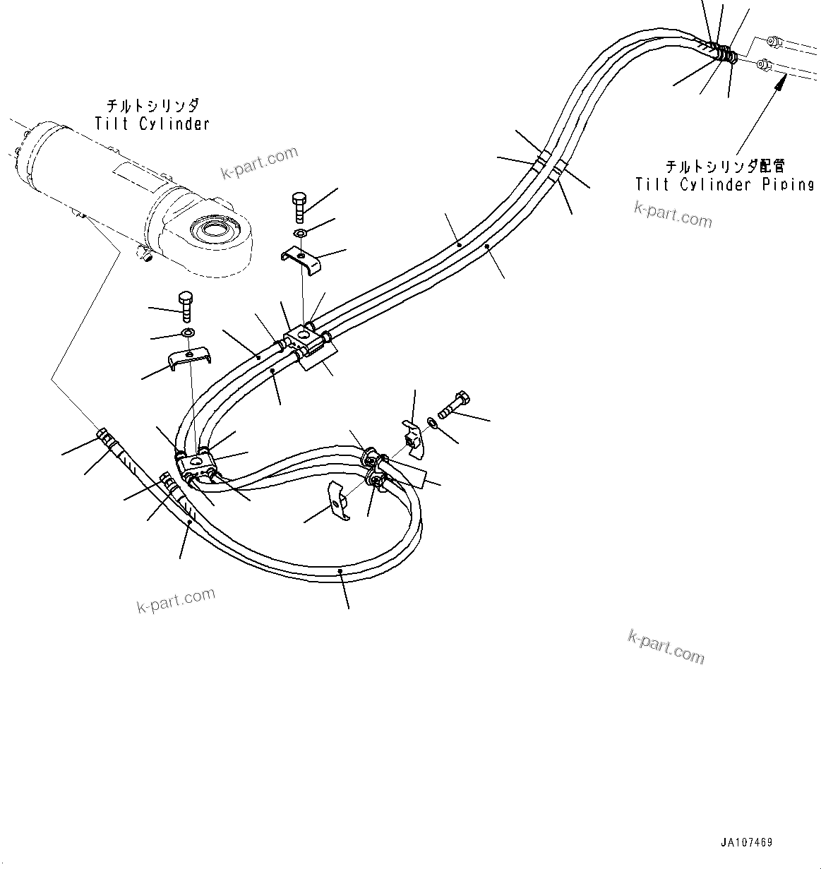 Komatsu parts book diagram for D71PXI-24 S/N 74001-UP: DOZER HYDRAULIC PIPING, TILT CYLINDER PIPING(#70002-)