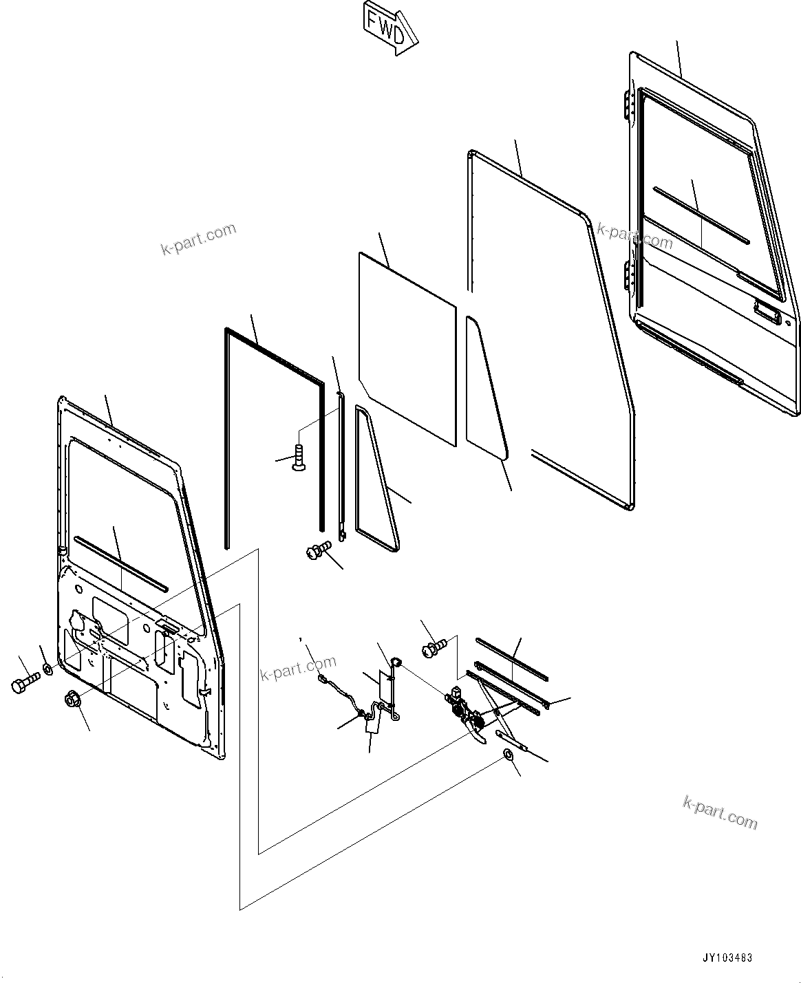 Komatsu parts book diagram for HD785-8E0 S/N 55001-UP: CAB, DOOR, L.H.(#55001-)