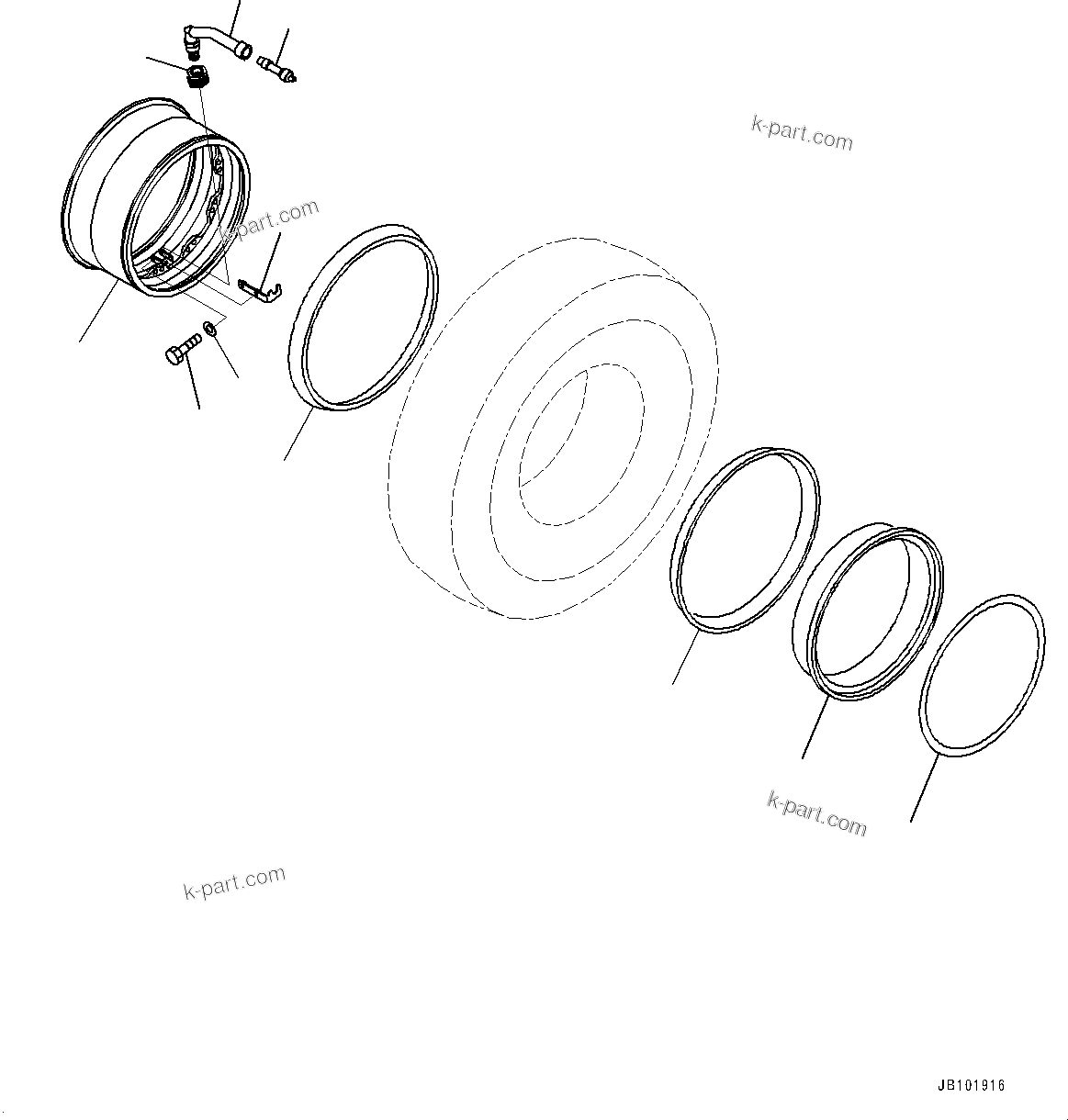 Komatsu parts book diagram for HD785-8E0 S/N 55001-UP: RIM, FRONT WHEEL (WITH LARGE BORE VALVE)(#55001-)