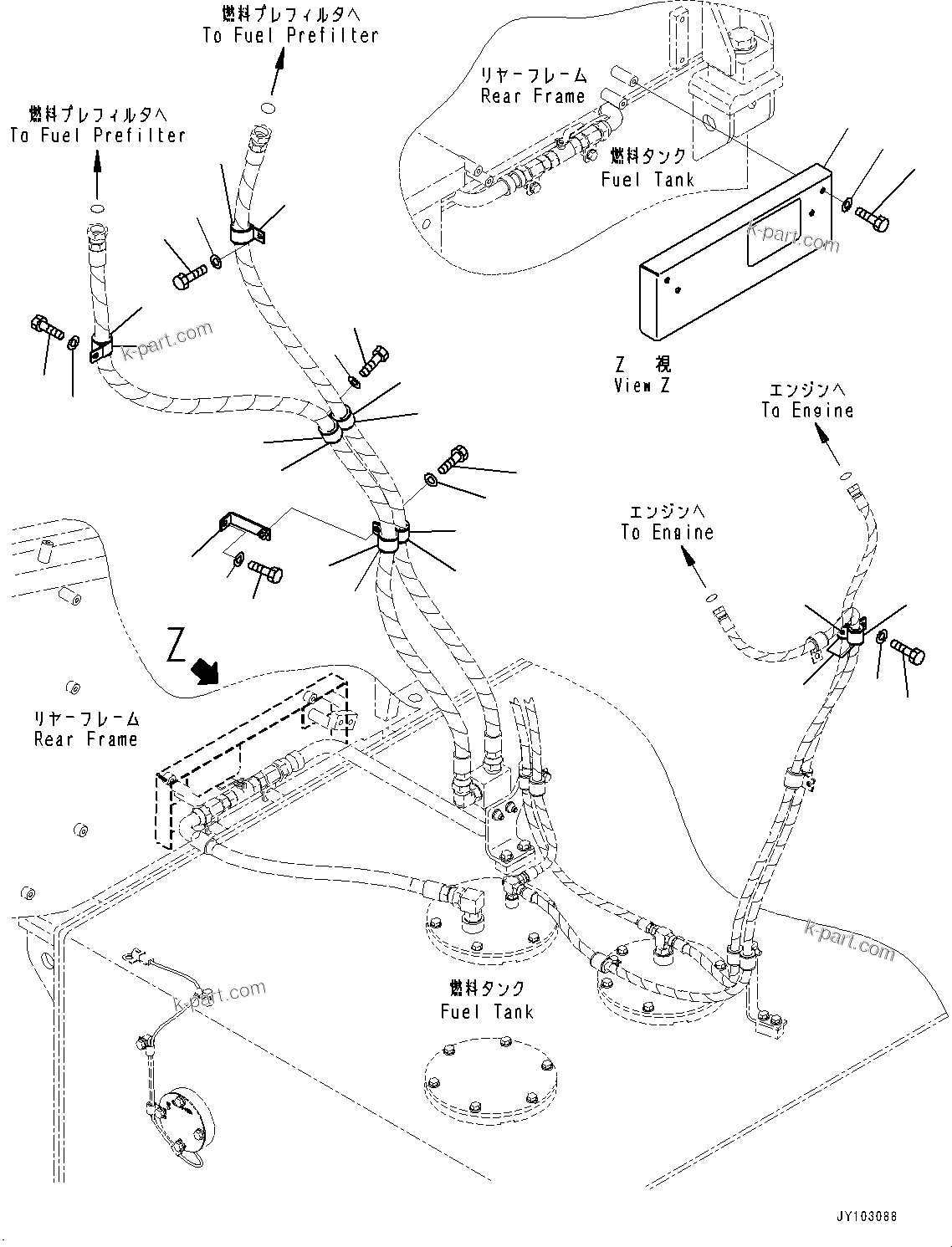 Komatsu parts book diagram for WA800-8E0 S/N 84001-UP: FUEL TANK, HOSE CLAMP (1/2)(#83001-)