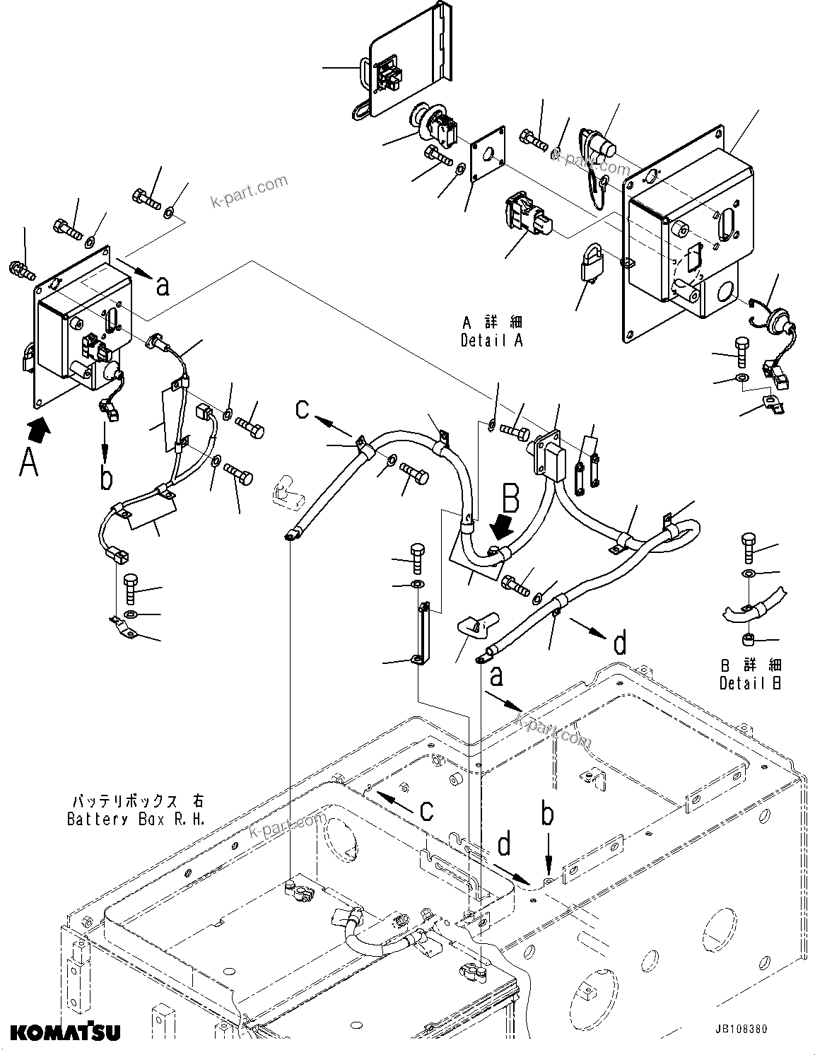 Komatsu parts book diagram for WA800-8E0 S/N 84001-UP: RIGHT BATTERY BOX, EMERGENCY ENGINE STOP SWITCH(#83018-)