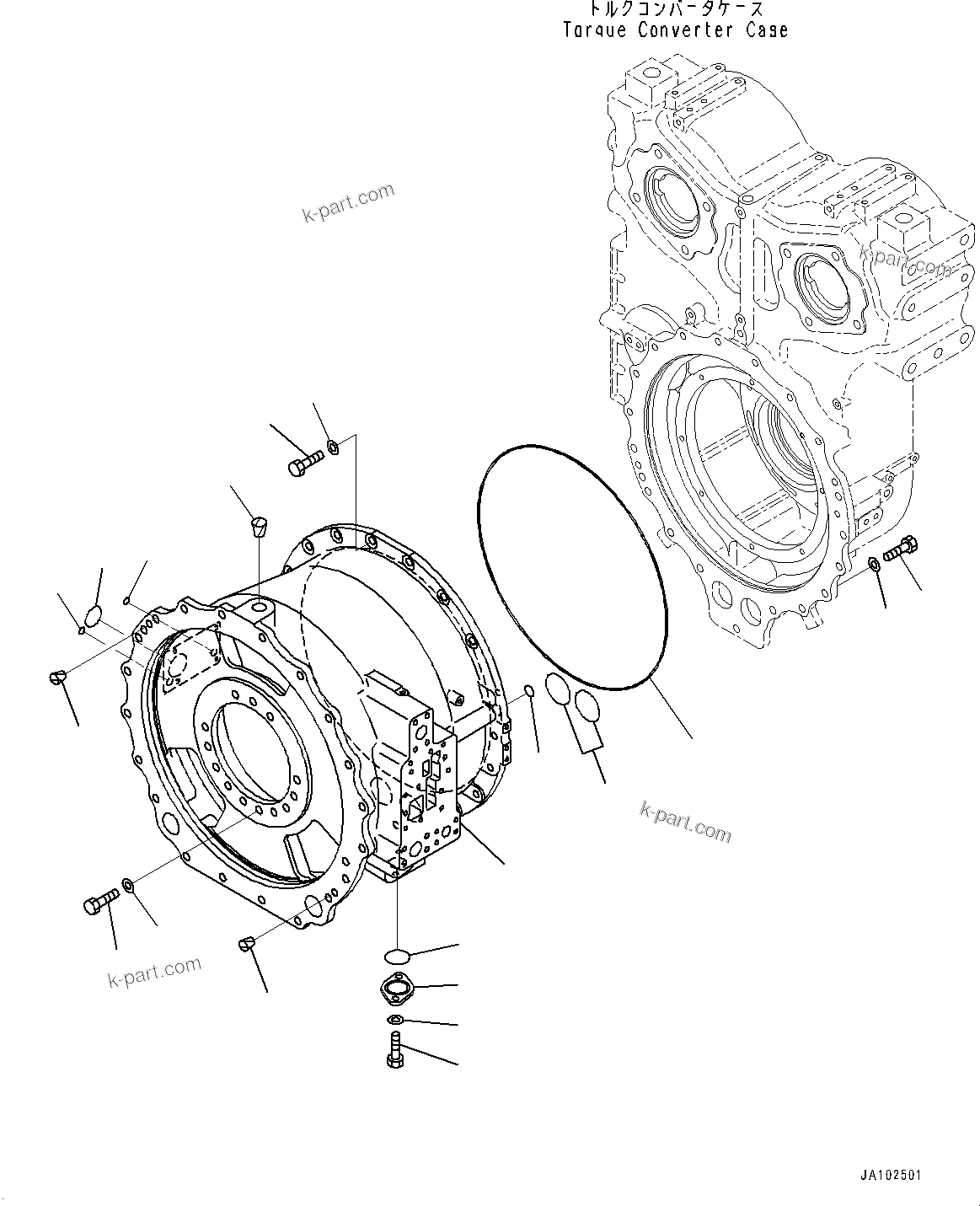 Komatsu parts book diagram for WA800-8E0 S/N 84001-UP: TORQUE CONVERTER AND TRANSMISSION, TORQUE CONVERTER CASE (1/2)(#83001-)