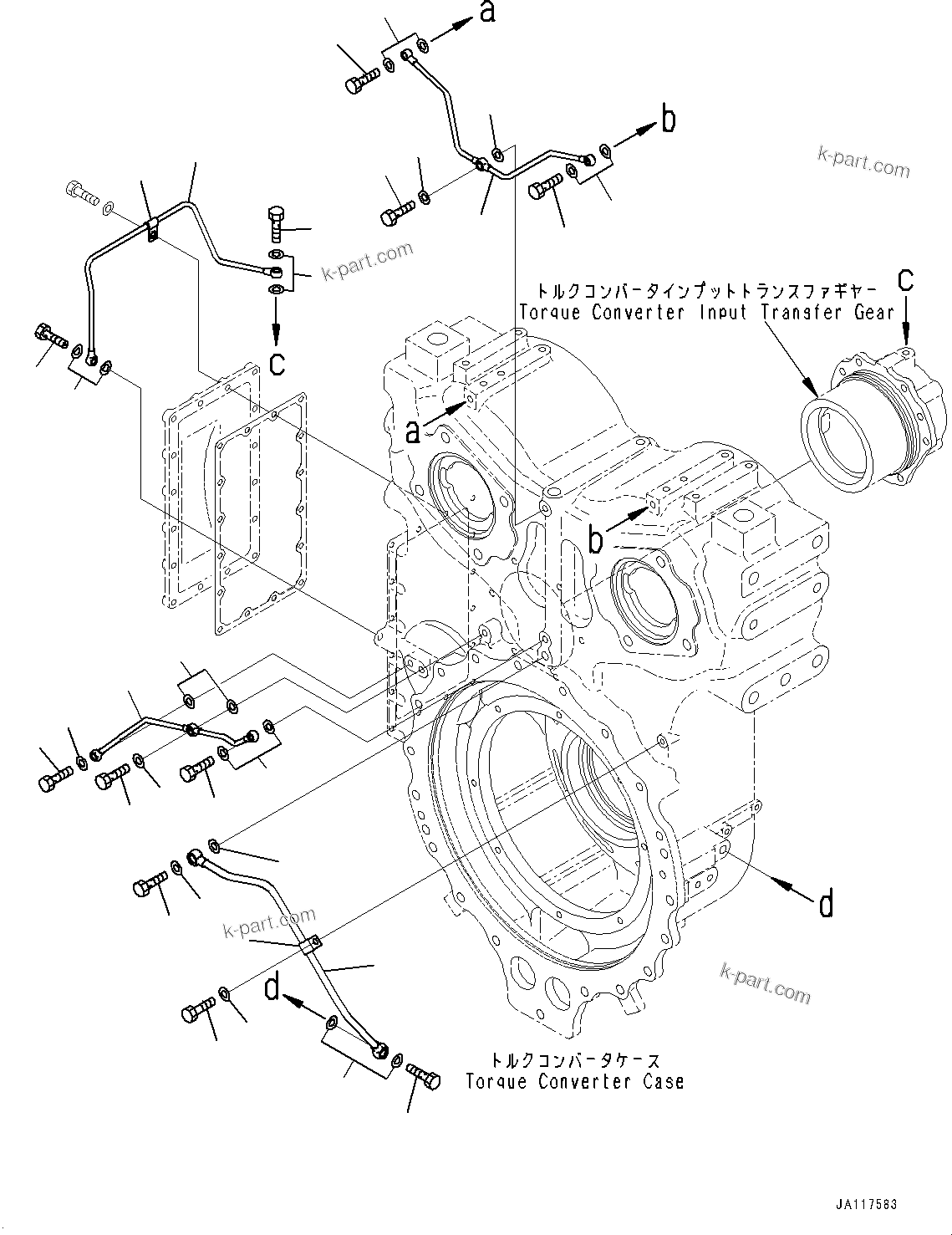 Komatsu parts book diagram for WA800-8E0 S/N 84001-UP: TORQUE CONVERTER AND TRANSMISSION, TORQUE CONVERTER PIPING (1/3)(#83001-)