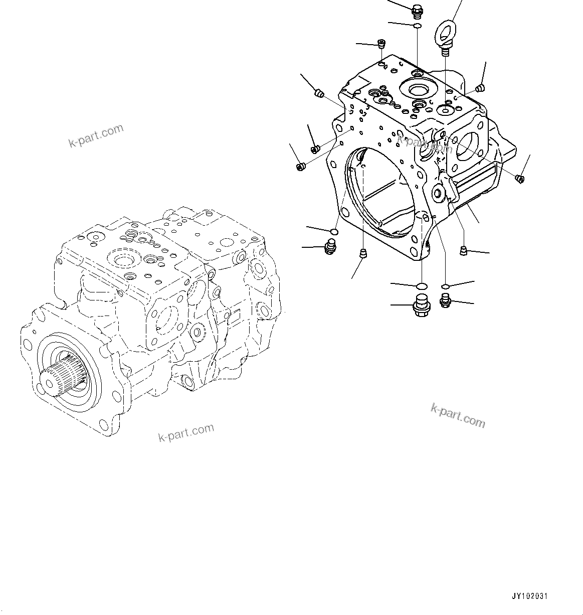 Komatsu parts book diagram for WA800-8E0 S/N 84001-UP: TORQUE CONVERTER AND TRANSMISSION, PISTON PUMP (6/37) (WORK EQUIPMENT PUMP, L.H.)(#83001-)