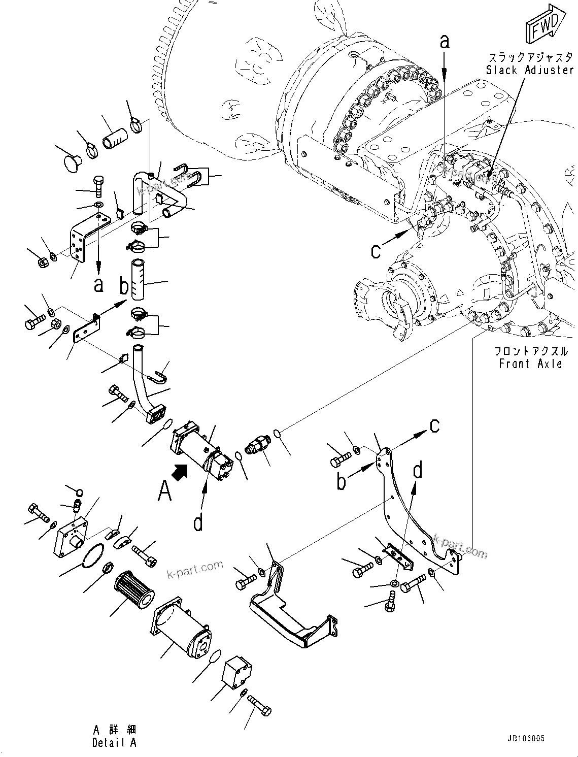 Komatsu parts book diagram for WA800-8E0 S/N 84001-UP: FRONT AXLE, BRAKE PIPING (1/2)(#83001-)