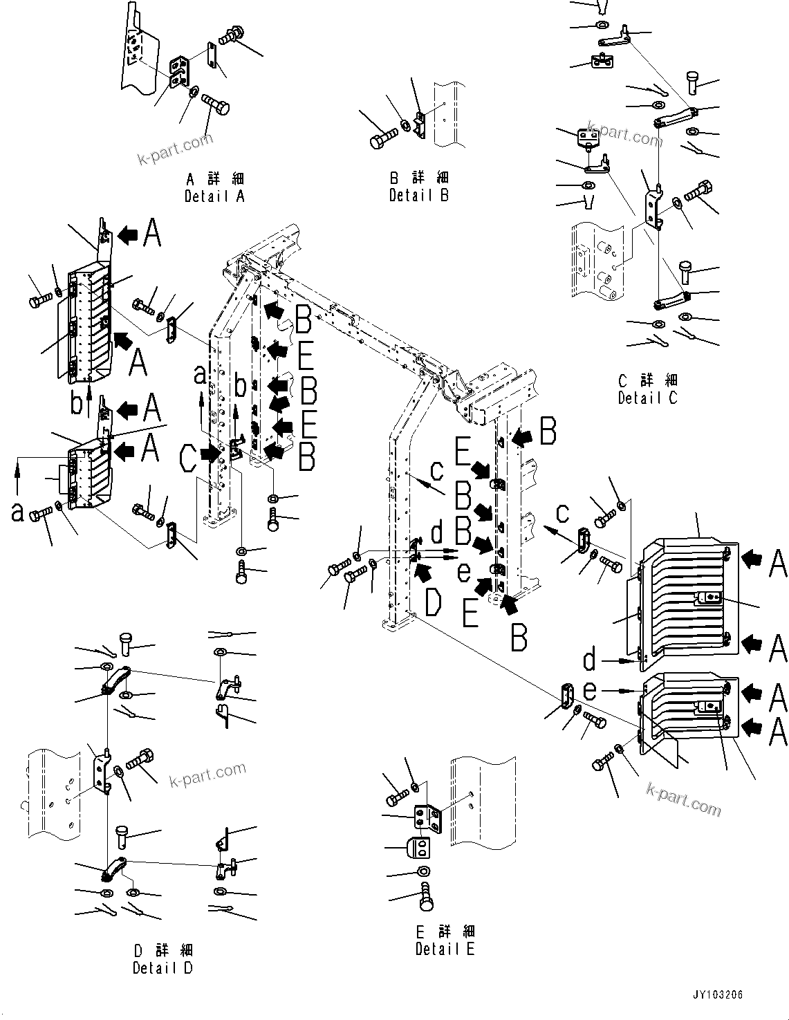 Komatsu parts book diagram for WA800-8E0 S/N 84001-UP: RADIATOR GUARD AND HOOD, GRILLE (1/2)(#83001-)