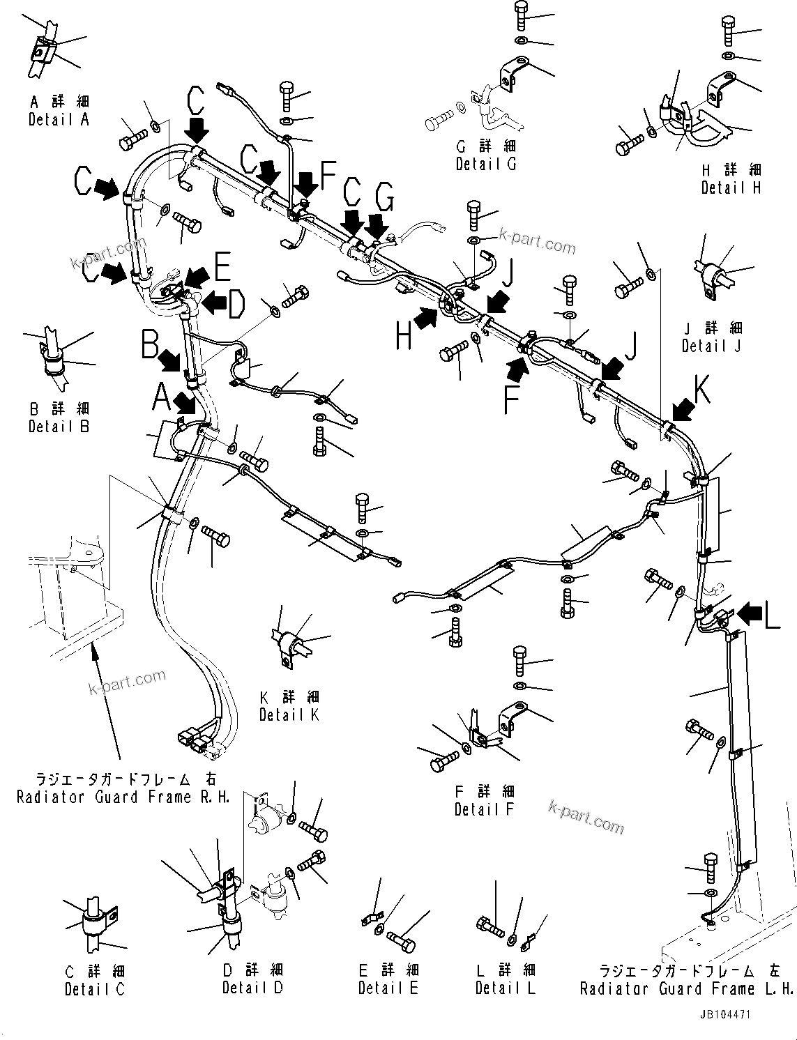 Komatsu parts book diagram for WA800-8E0 S/N 84001-UP: RADIATOR GUARD AND HOOD, WIRING HARNESS AND MOUNTING(#83001-)