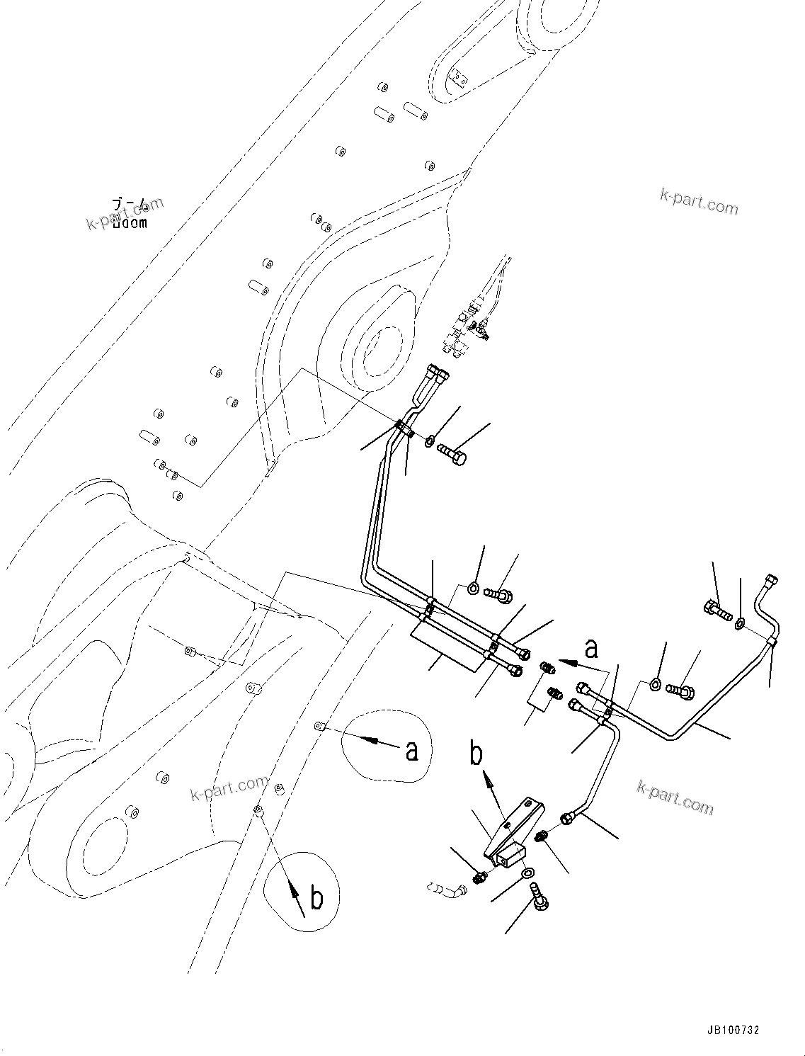 Komatsu parts book diagram for WA800-8E0 S/N 84001-UP: BOOM AND BELL CRANK, GREASE PIPING (2/6) (WITH AUTO-GREASING SYSTEM)(#83001-)