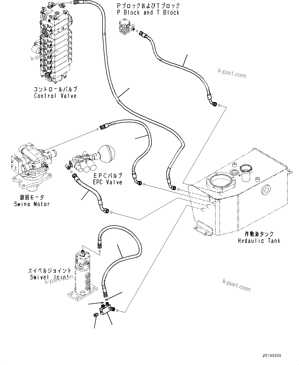 Komatsu parts book diagram for PC25MR-5 S/N 26001-UP: DRAIN PIPING, (WITH ARM CRANE)(#25001-)