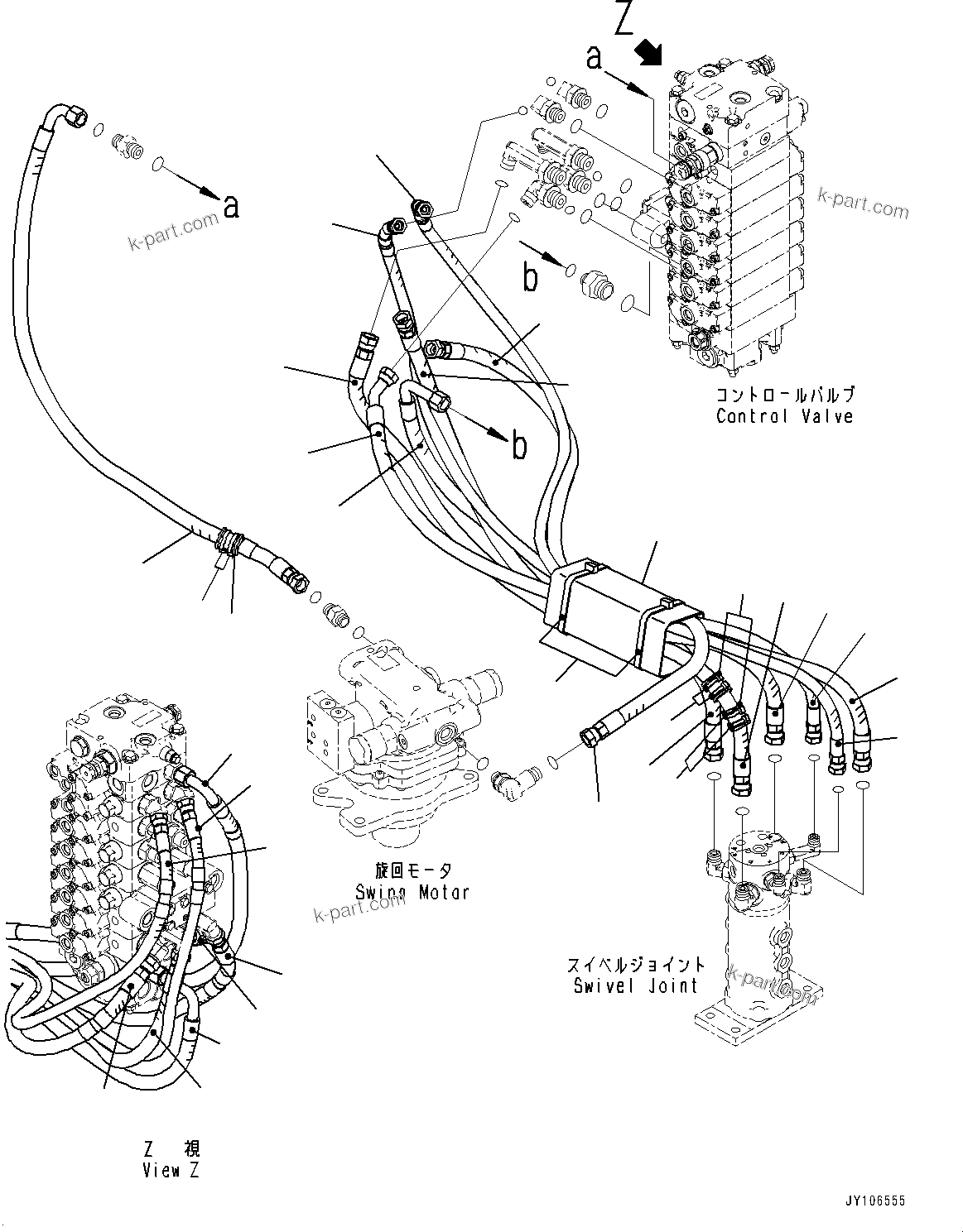 Komatsu parts book diagram for PC25MR-5 S/N 26001-UP: ACTUATOR PIPING, CONTROL VALVE TO SWING MOTOR (WITH ROPS CAB)(#25001-)