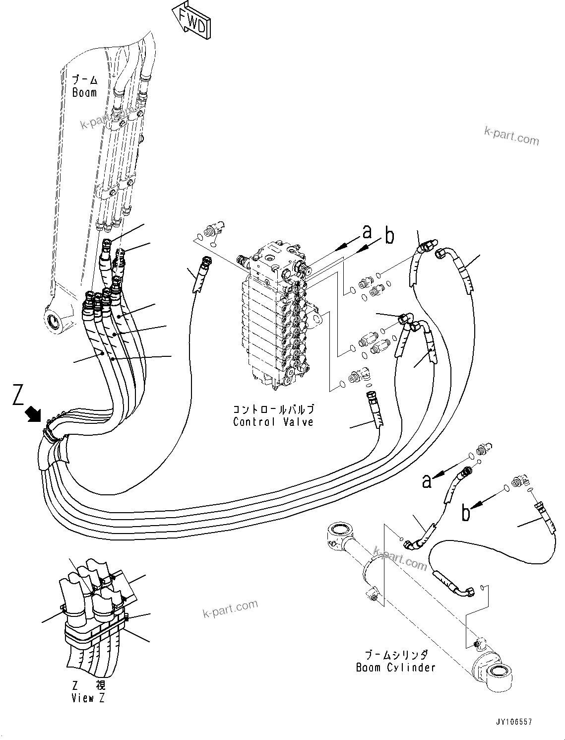 Komatsu parts book diagram for PC25MR-5 S/N 26001-UP: ACTUATOR PIPING, CONTROL VALVE TO BOOM PIPING (WITH ROPS CAB)(#25001-)