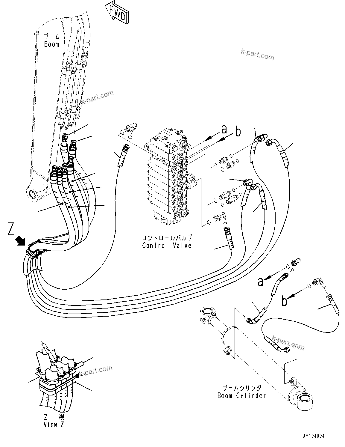 Komatsu parts book diagram for PC25MR-5 S/N 26001-UP: ACTUATOR PIPING, CONTROL VALVE TO BOOM PIPING (WITHOUT 1-ADDITIONAL ACTUATOR PIPING)(#25001-)