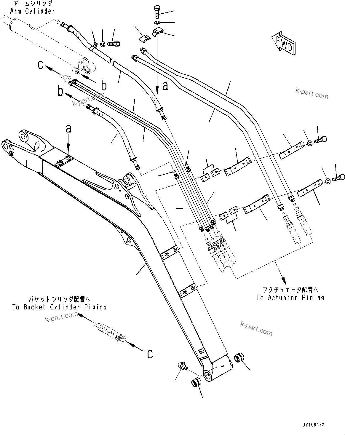 Komatsu parts book diagram for PC25MR-5 S/N 26001-UP: BOOM UNIT, BOOM AND PIPING (1950MM BOOM, 1-ATTACHMENT, LONG ARM)(#26001-)