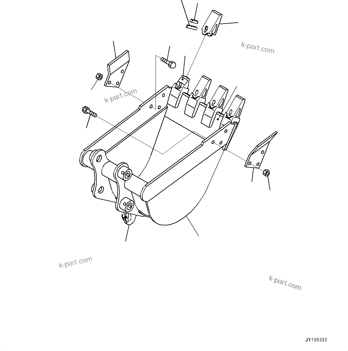 Komatsu parts book diagram for PC25MR-5 S/N 26001-UP: BUCKET, BUCKET (HEAP 0.06M3, 500MM WIDTH, WITH SIDE CUTTER AND HOOK, REINFORCED TYPE, VERTICAL PIN, WELD-ON ADAPTER)(#25001-)
