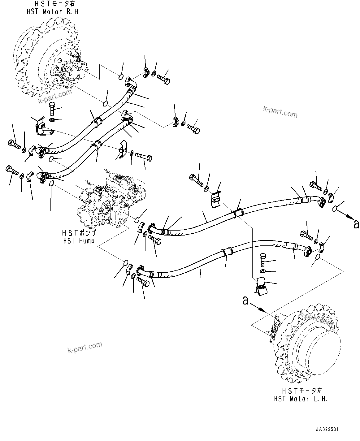 Komatsu parts book diagram for D39PXI-24 S/N 110001-UP: HYDROSTATIC TRANSMISSION (HST) MOTOR PIPING, (#95001-)