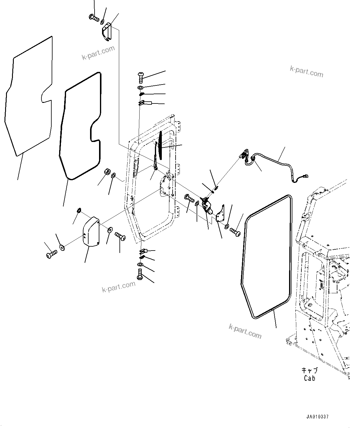 Komatsu parts book diagram for D39PXI-24 S/N 110001-UP: CAB, DOOR DAMPER, WINDOW AND WIPER, R.H.(#100001-)