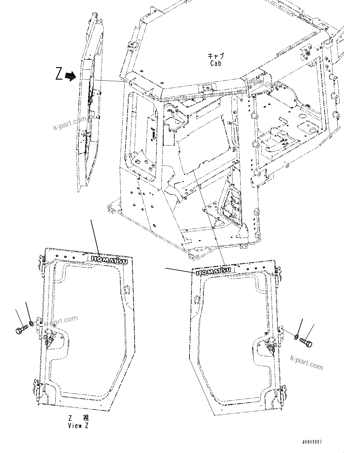 Komatsu parts book diagram for D39PXI-24 S/N 110001-UP: CAB, DOOR RELATED PARTS(#100001-)