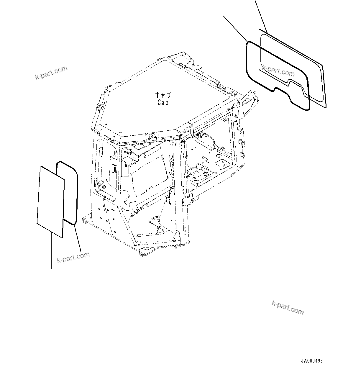 Komatsu parts book diagram for D39PXI-24 S/N 110001-UP: CAB, GLASS WINDOW, FRONT AND REAR(#100001-)