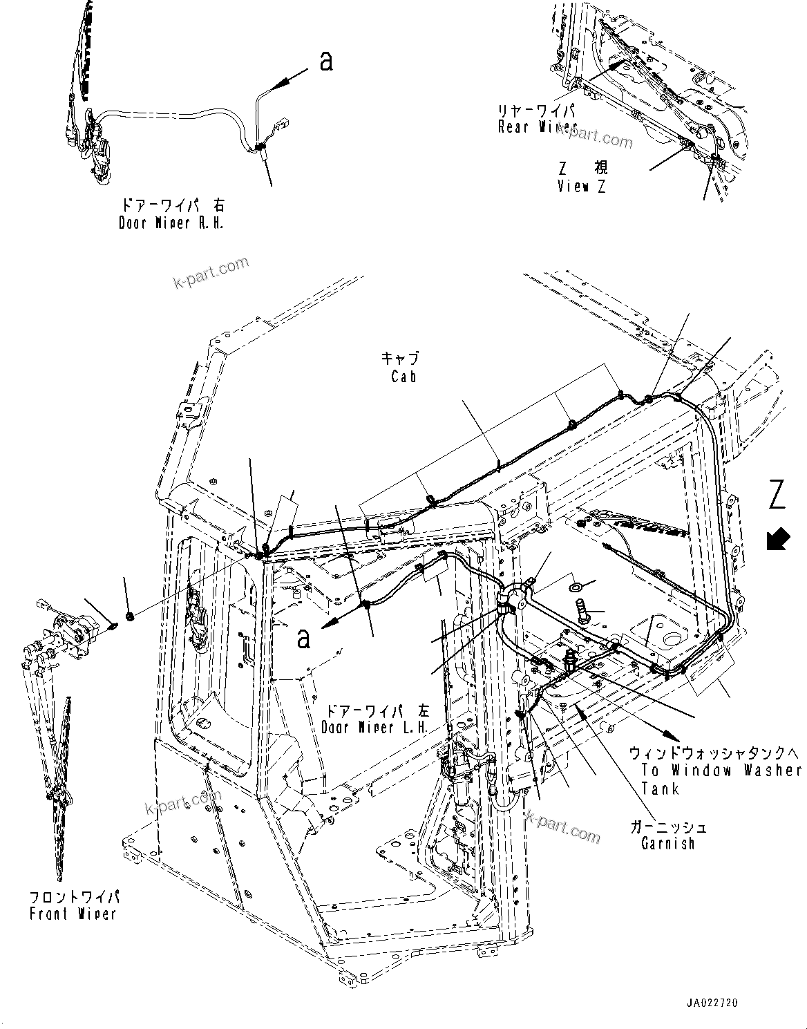 Komatsu parts book diagram for D39PXI-24 S/N 110001-UP: CAB, WINDOW WASHER PIPING(#100001-)