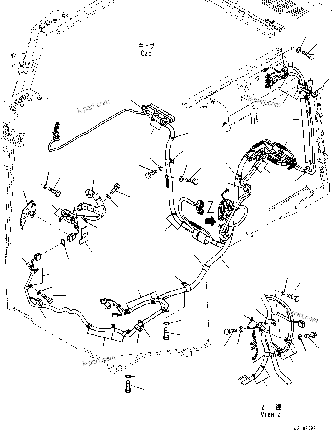Komatsu parts book diagram for D39PXI-24 S/N 110001-UP: CAB ELECTRICAL UNIT, WIRING HARNESS (1/2)(#100001-100407)