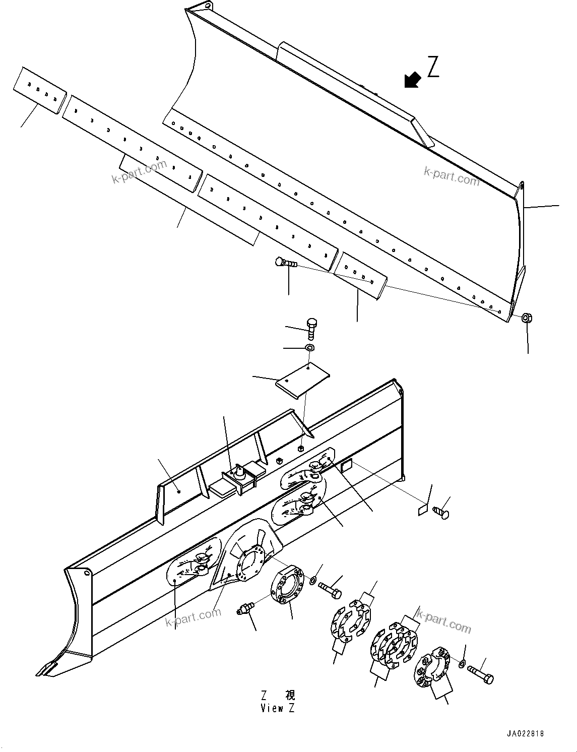 Komatsu parts book diagram for D39PXI-24 S/N 110001-UP: DOZER BLADE, (WITH POWER ANGLE POWER TILT DOZER, MECHANICAL-PITCH)(#95001-100758)