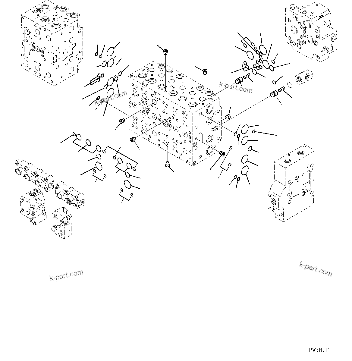 Komatsu parts book diagram for PC450LC-8R S/N 79001-UP: CONTROL VALVE, 8-SPOOL (4/23)(#75001-76990)