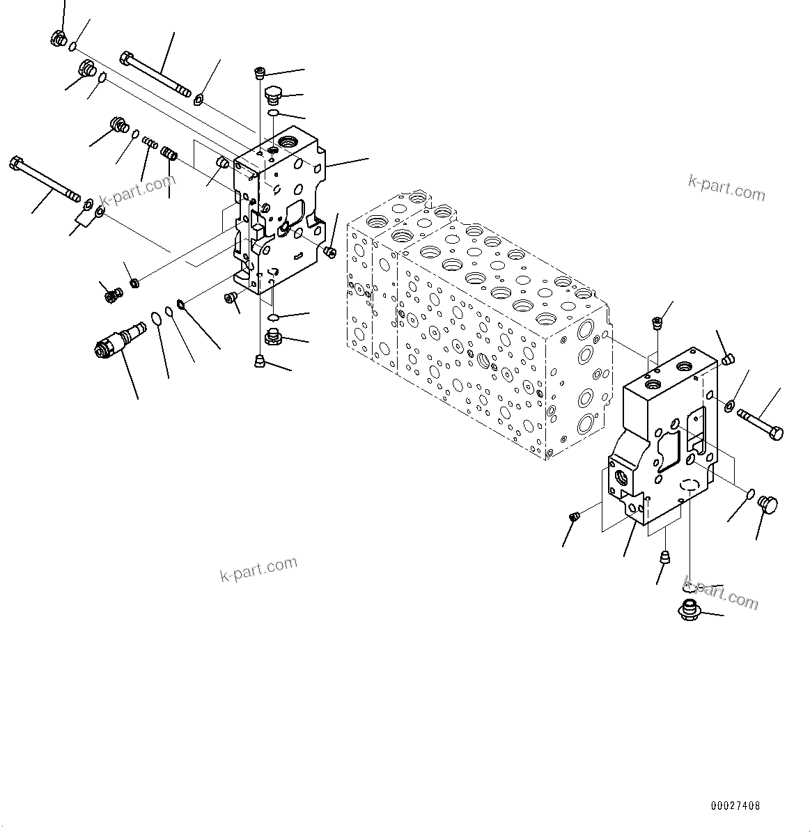 Komatsu parts book diagram for PC450LC-8R S/N 79001-UP: CONTROL VALVE, 8-SPOOL (7/23)(#75001-76312)