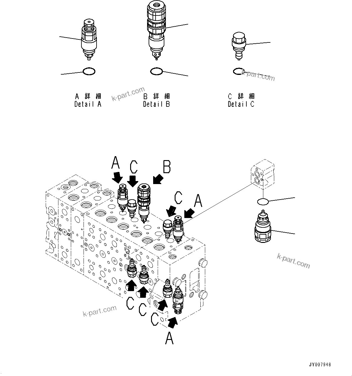 Komatsu parts book diagram for PC450LC-8R S/N 79001-UP: CONTROL VALVE, 8-SPOOL (12/23)(#75001-)