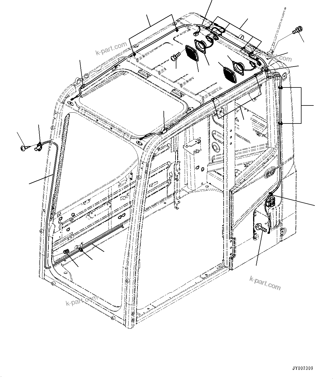 Komatsu parts book diagram for PC450LC-8R S/N 79001-UP: CAB, SPEAKER AND WINDOW WASHER (ROPS CAB, FRONT FIXED WINDOW)(#79001-)