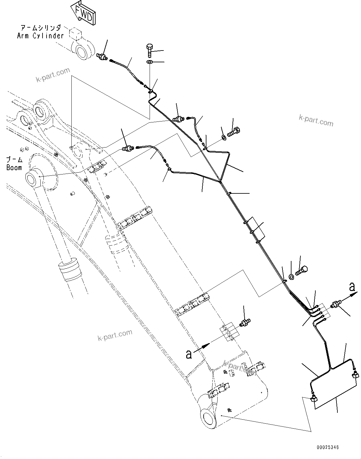 Komatsu parts book diagram for PC450LC-8R S/N 79001-UP: BOOM, LUBRICATION PIPING (6670MM, 100 HOURS LUBRICATION INTERVAL)(#75001-)