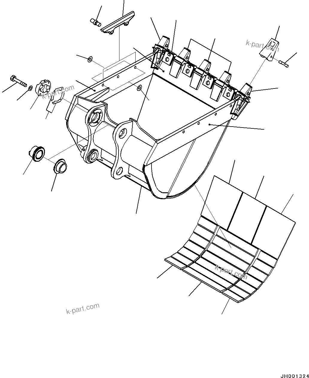Komatsu parts book diagram for PC450LC-8R S/N 79001-UP: BUCKET, (2.10M3 REINFORCED, 1745MM WIDTH, HORIZONTAL PIN TYPE, THRUST ADJUSTMENT, SIDE SHROUD)(#75001-75063)