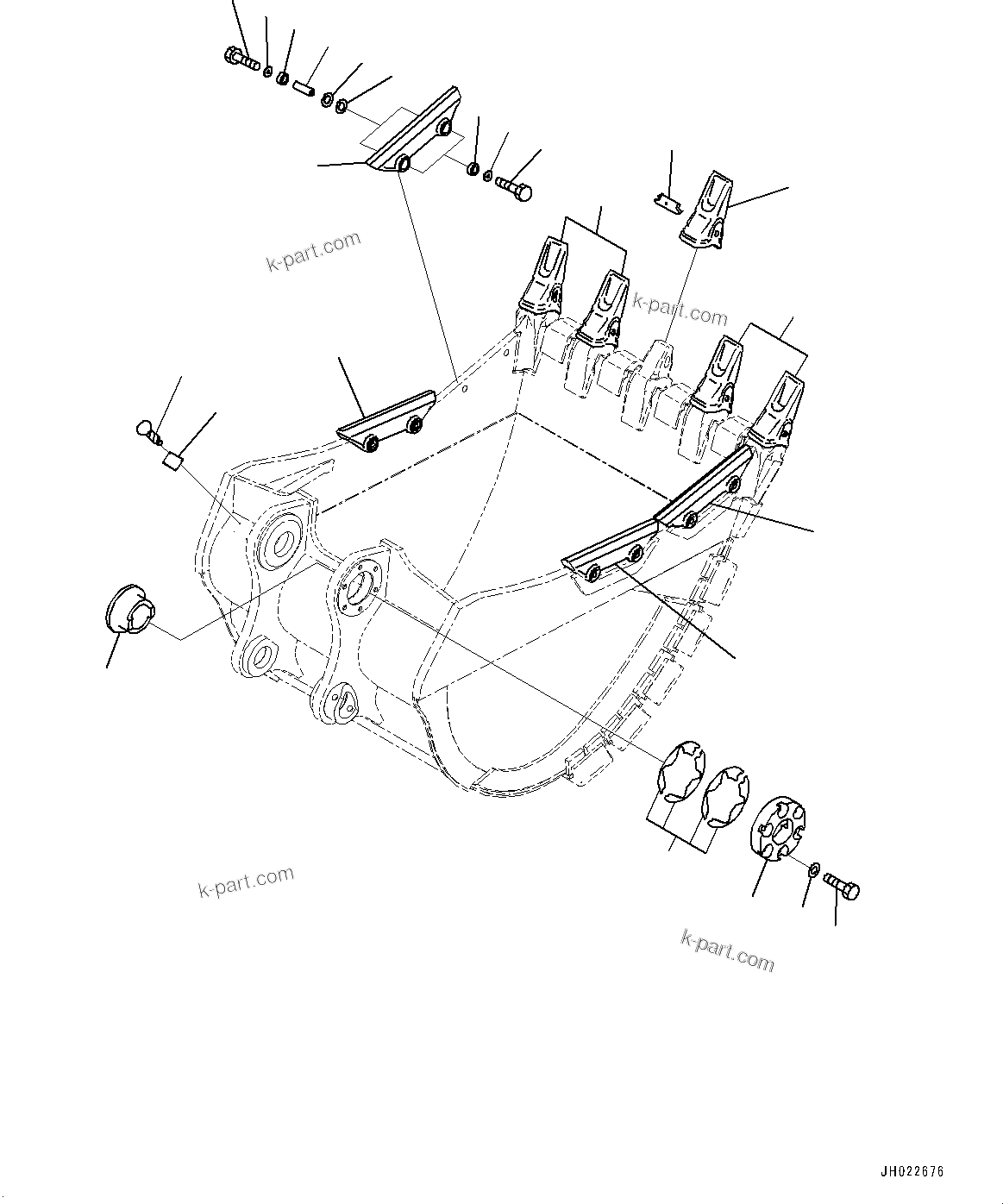 Komatsu parts book diagram for PC450LC-8R S/N 79001-UP: ME BUCKET, TOOTH AND SIDE SHROUD (2.80M3, 1405MM WIDTH, KMAX2 TOOTH, THRUST ADJUSTMENT, SIDE SHROUD)(#76038-76539)