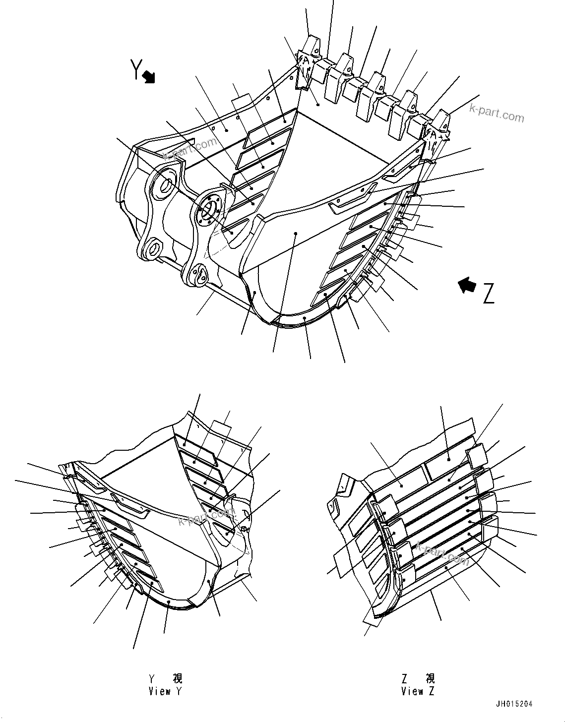 Komatsu parts book diagram for PC450LC-8R S/N 79001-UP: ME BUCKET, (1.05M3, 1395MM WIDTH, PAB TOOTH, SIDE SHROUD)(#75001-76920)