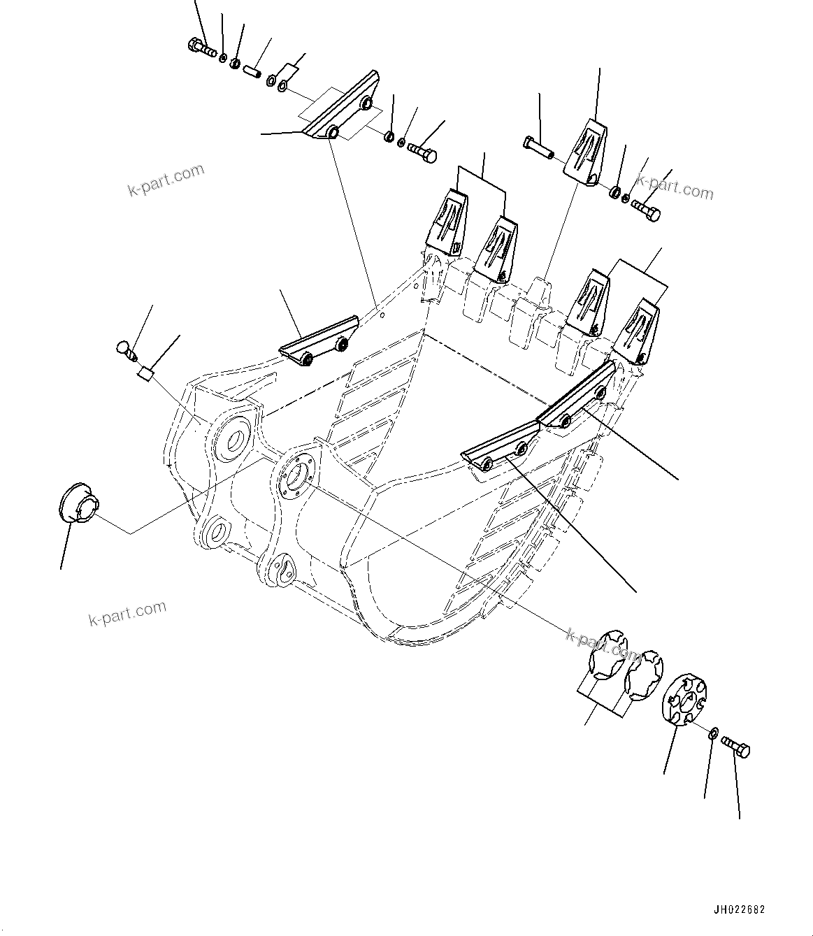 Komatsu parts book diagram for PC450LC-8R S/N 79001-UP: ME BUCKET, TOOTH AND SIDE SHROUD (2.80M3, 1405MM WIDTH, PAB TOOTH, THRUST ADJUSTMENT, SIDE SHROUD)(#75001-76539)