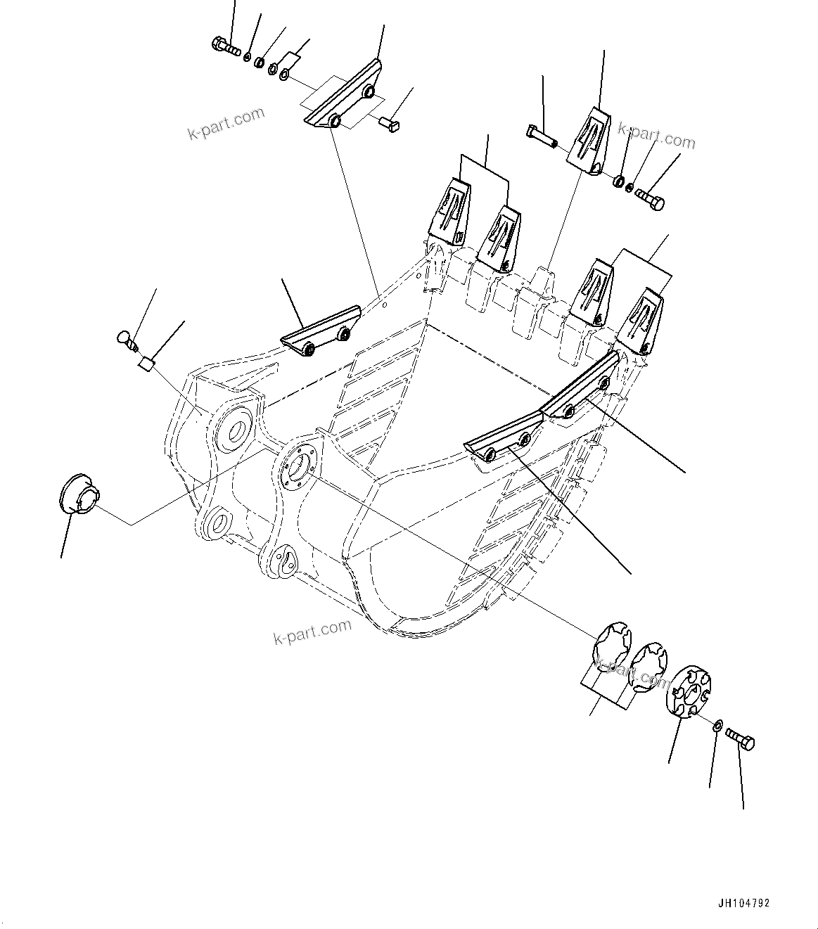 Komatsu parts book diagram for PC450LC-8R S/N 79001-UP: ME BUCKET, TOOTH AND SIDE SHROUD (2.80M3, 1405MM WIDTH, PAB TOOTH, THRUST ADJUSTMENT, SIDE SHROUD)(#76540-)
