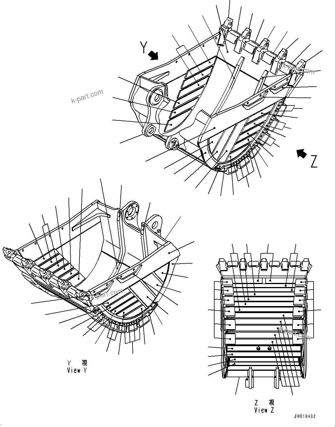 Komatsu parts book diagram for PC450LC-8R S/N 79001-UP: ME BUCKET, (2.80M3, 1525MM WIDTH, KMAX2 TOOTH, THRUST ADJUSTMENT, SIDE SHROUD)(#75001-)