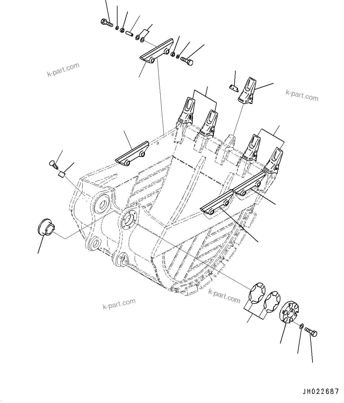 Komatsu parts book diagram for PC450LC-8R S/N 79001-UP: ME BUCKET, TOOTH AND SIDE SHROUD (2.80M3, 1525MM WIDTH, KMAX2 TOOTH, THRUST ADJUSTMENT, SIDE SHROUD)(#75001-76539)